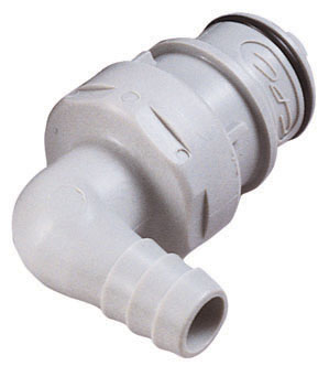 61100 - Stecker PP mit Winkel-Schlauchtülle 9,5 mm mit Absperrung, NSF (HFCD23612 NSF)